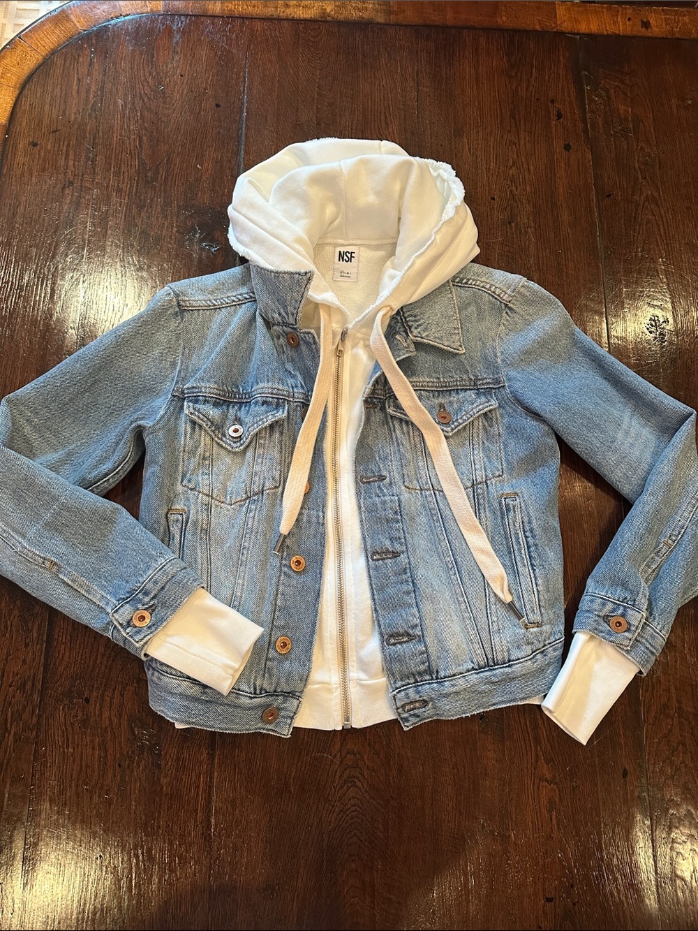 NSF Light Blue Denim Jacket with White Zip Up Hoodie